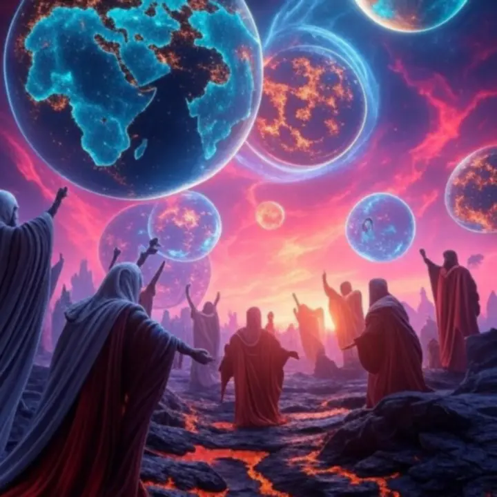 Kosmiczna wizja stworzenia świata Aio rozświetlona czerwienią i turkusem.