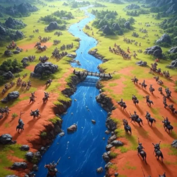 Taktyczna mapa pola bitwy z wyróżnionymi strefami żywiołów i przeszkodami terenowymi w Dragonheir: Silent Gods.