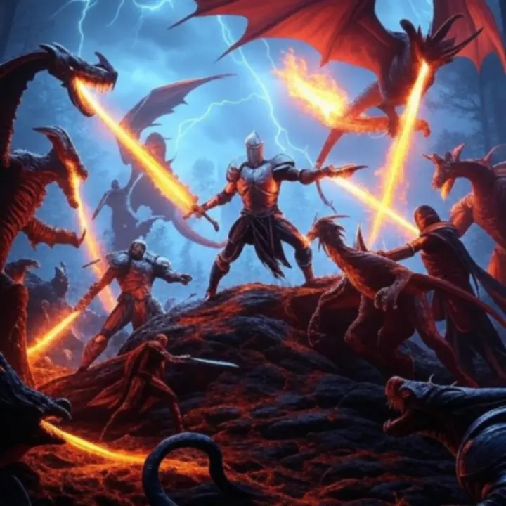 Kinowa scena masowej bitwy w świecie fantasy Dragonheir: Silent Gods z magami i wojownikami w ogniu walki.