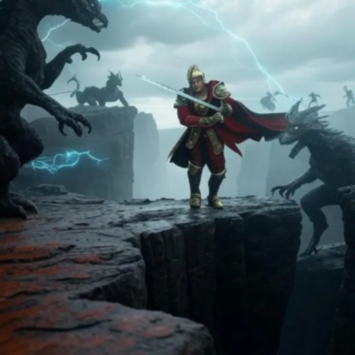 Epicka scena bitwy w Dragonheir: Silent Gods na tle burzowego, fantastycznego krajobrazu.