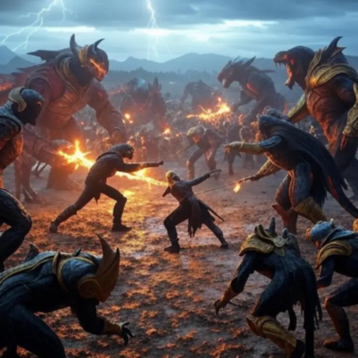 Epicka scena bitwy w świecie Aio z magią i smokami nad polem walki.