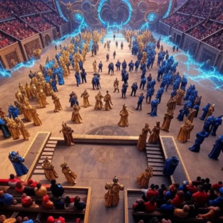 Kinowa arena turniejowa Dragonheir: Silent Gods wypełniona wojownikami i magicznymi efektami.