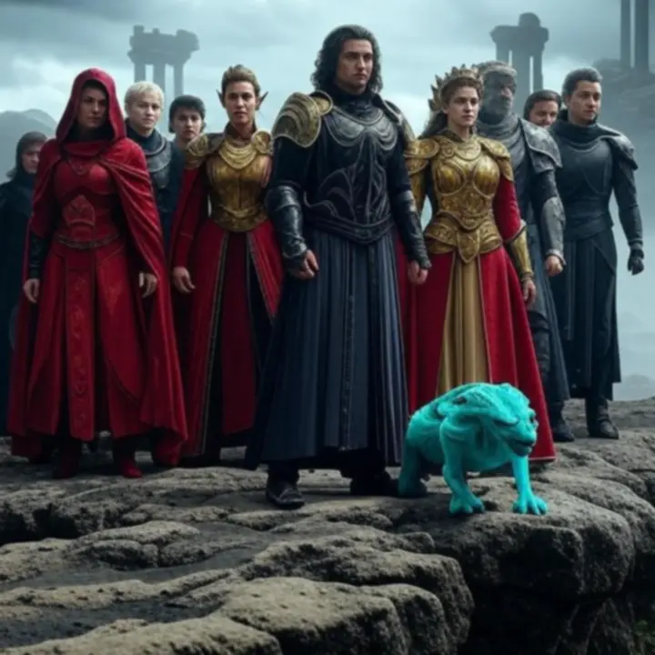 Kinowa scena przedstawiająca drużynę bohaterów Dragonheir: Silent Gods