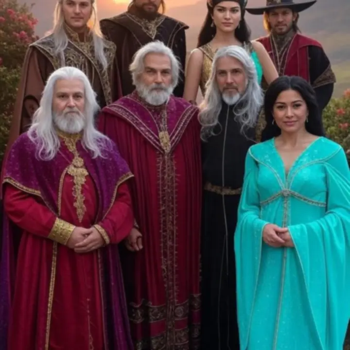 Kinowa ilustracja legendarnych bohaterów świata Aio stojących na tle płonącego nieba.