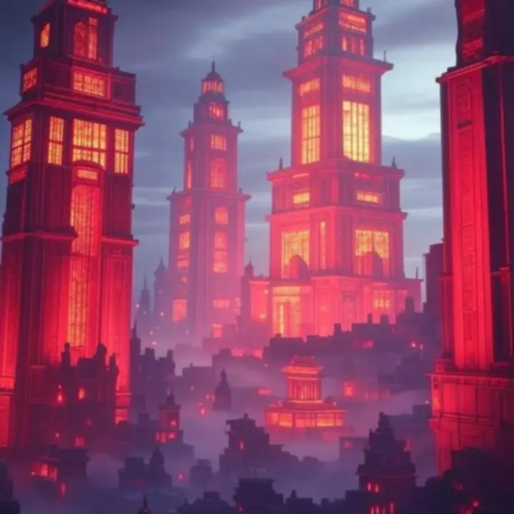 Mityczne miasto Dragonheir nocą, rozświetlone magiczną poświatą